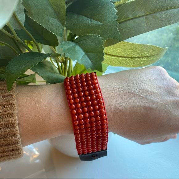 NWT Chan Luu Orange Beaded Brown Leather Bracelet - Picture 3 of 5